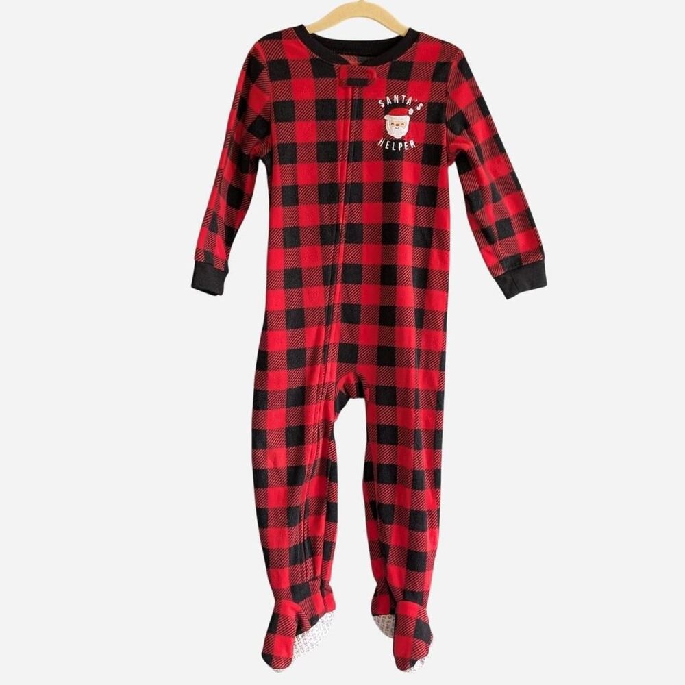 Carter's Toddler Size 3T Red Black Plaid Santa's Help Fleece Zip Footed Pajamas